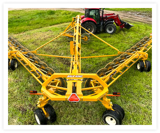 Front view of carted wheel rake